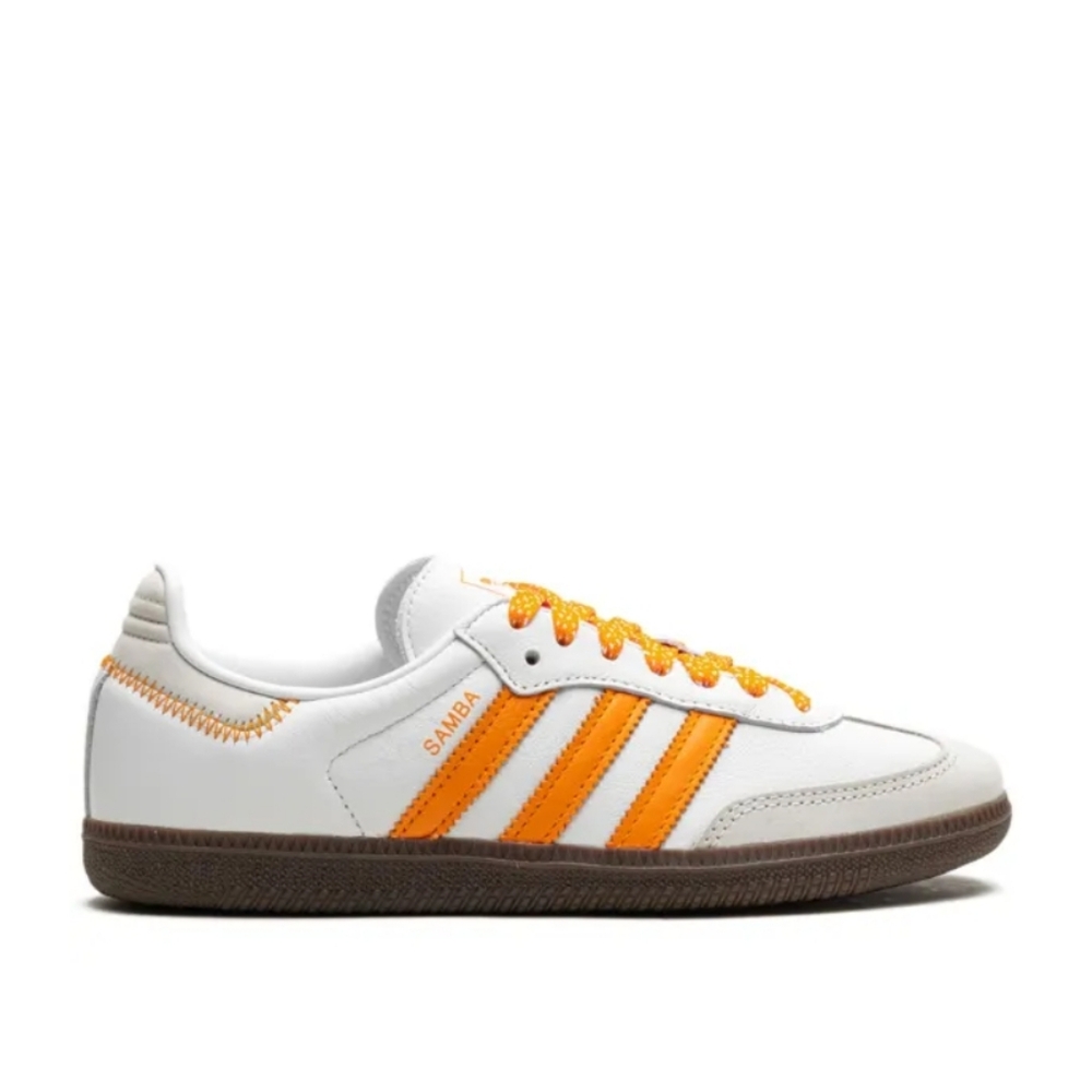 adidas Samba Sneakers White with Orange Stripes and Brown Sole - Picture 2 of 11